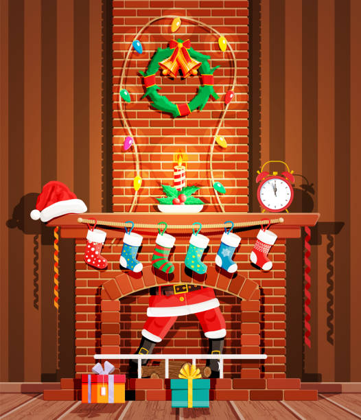 Santa claus stuck in chimney. Santa claus stuck in chimney. Fireplace with socks, candle, gift box, wreath, garland. Happy new year decoration. Merry christmas holiday. New year and xmas celebration. Vector illustration flat style stuck in room stock illustrations