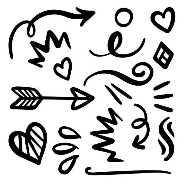 Vector illustration of Arrows, Swirls, swoosh, and heart elements for greeting card design