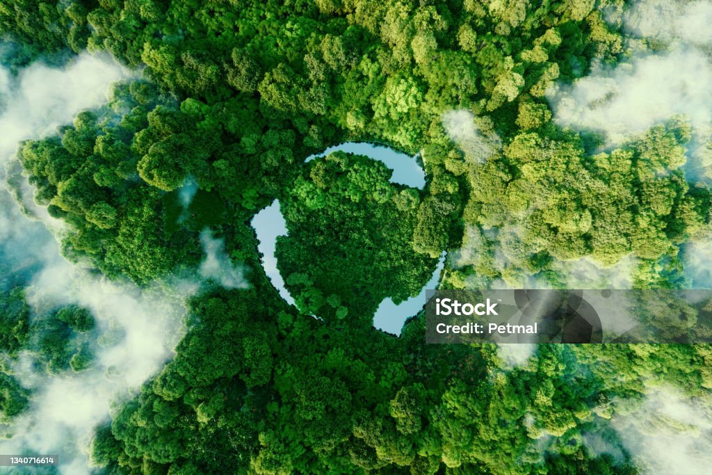 Abstract icon representing the ecological call to recycle and reuse in the form of a pond with a recycling symbol in the middle of a beautiful untouched jungle. 3d rendering. Environmental Conservation Stock Photo