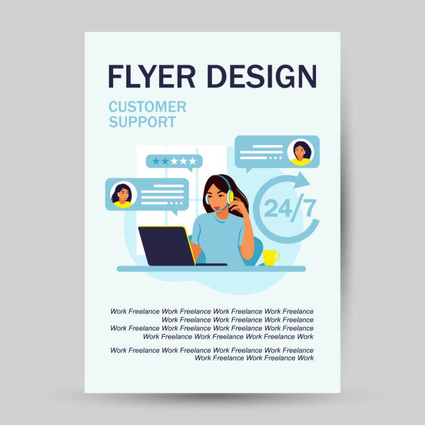 istock Customer service concept. Flyer design. Woman with headphones and microphone with laptop. Support, assistance, call center. Vector illustration. Flat style 1340718751
