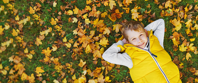a smiling boy enjoys the golden autumn colors
