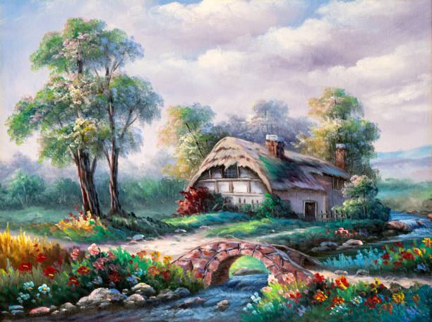 ilustrações de stock, clip art, desenhos animados e ícones de colorful idyllic country cottage oil painting - red cottage small house