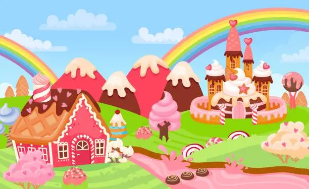 Vector illustration of Cartoon fantasy candy land landscape with sweet castle. Fairytale kingdom gingerbread houses, ice cream trees and milk river vector scene