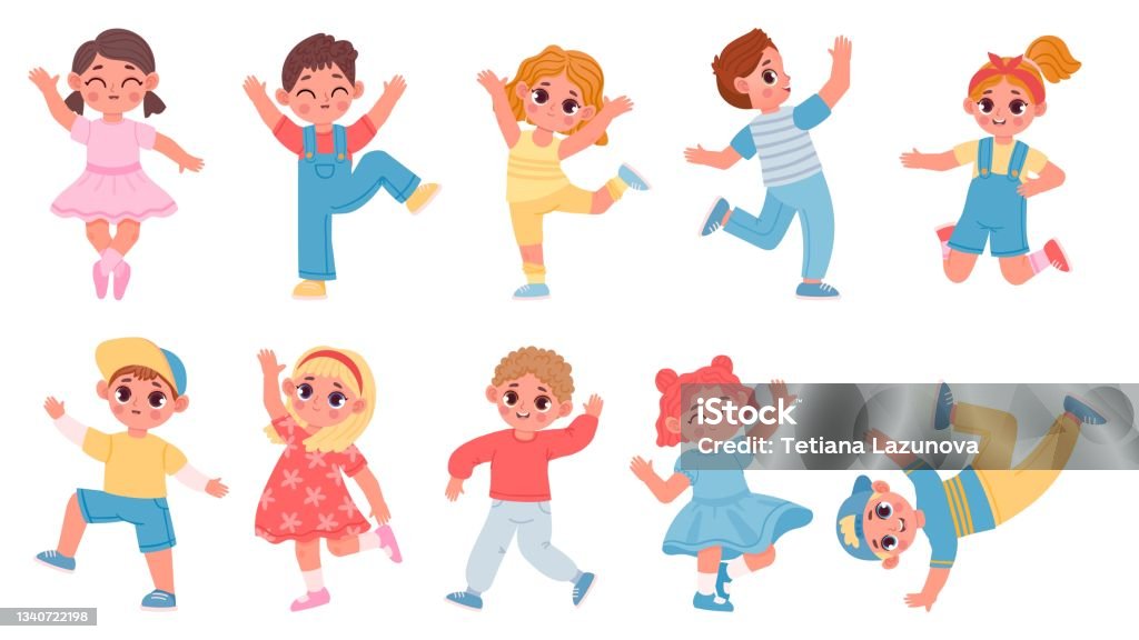 Cartoon Happy Dancing And Jumping Kids Boys And Girls Children Dance Party  Joy Ballet And Aerobics Poses Kid Character Have Fun Vector Set Stock  Illustration - Download Image Now - iStock