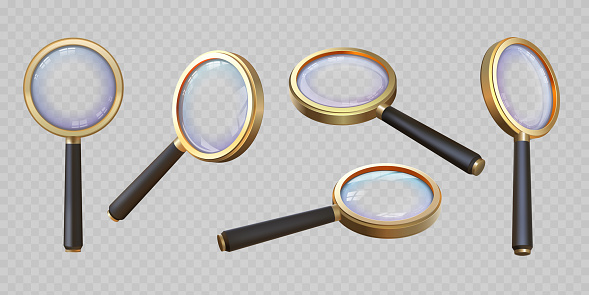 Realistic 3d magnifying glass top and angle view. Magnifier with transparent lens. Magnify lupa, zoom equipment. Search concept vector set