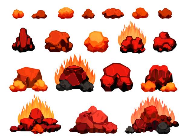 istock Cartoon burning bonfire with hot charcoal pieces for barbecue. Wood coal pile with flame for grill or bbq. Red heat coal for oven vector set 1340722239