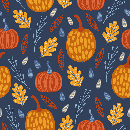 Autumn seamless pattern with pumpkins, oak leaves, seeds on dark blue background. Perfect for wallpaper, wrapping paper, fabric, seasonal holidays, Thanksgiving Day. Hand drawn vector illustration