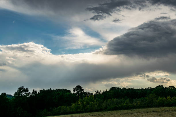 istock Corn fields, sky, and clouds, beautiful look at the landscape scenery on a cloudy day, agriculture fields with sunbeams and sun rays breaking through the clouds. 1340722793