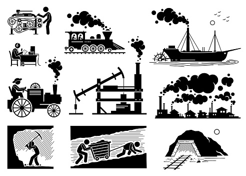 Vector illustrations of steam engine, coal mining, power loom machine, radio broadcasting, and factory smoke.