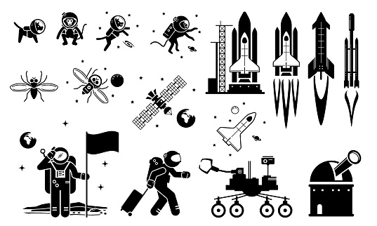 Vector illustrations depict human sending dog, monkey, and fruit fly to space. Human astronaut and rocket flying to space and landing at moon.