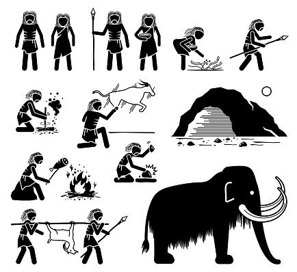 Vector illustrations depict primitive caveman people from old stone age of the paleolithic time period era.