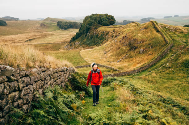 walking hadrian's wall, inghilterra - northumberland england foto e immagini stock