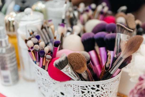 istock makeup brushes in a white organizer close-up. 1340728418