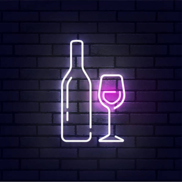 ilustrações, clipart, desenhos animados e ícones de sinal de neon de vinho, placa de sinalização brilhante, banner de luz. logotipo de vinho neon, emblema. ilustração vetorial - beer backgrounds alcohol glass