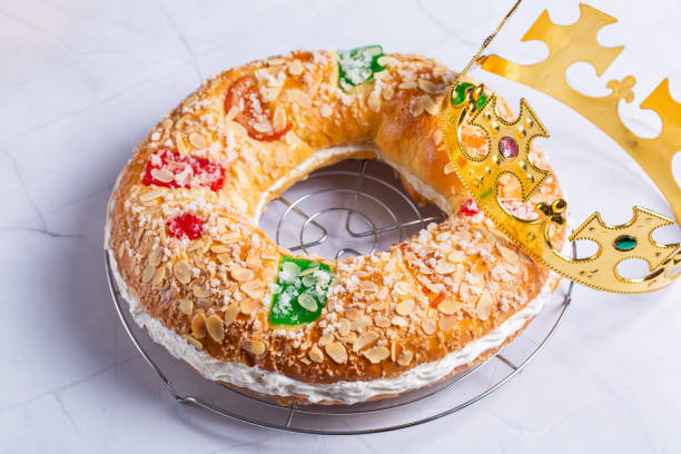 istock Traditional Spanish Epiphany cake, Roscon de Reyes with festive decorations 1340730914