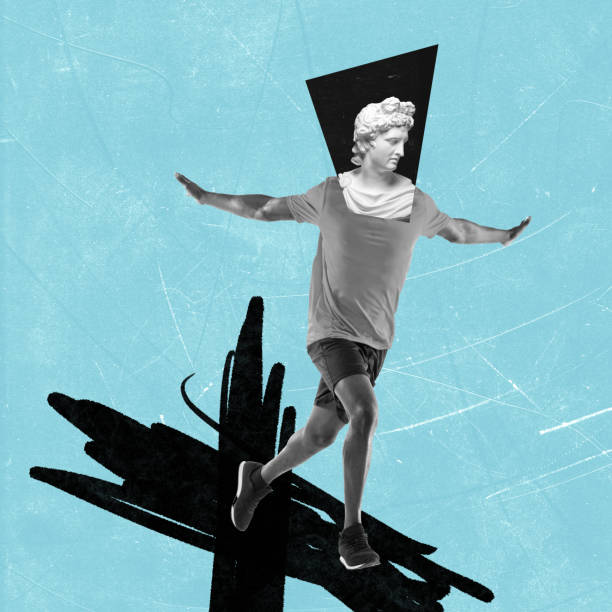 Line art, creative collage. Minimalism in contemporary art. Blue and black.