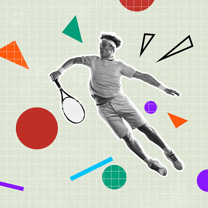 Image of young man, tennis player with racket among multicolored geometric figures over light checkered background. Inspiration, creativity and sports concept