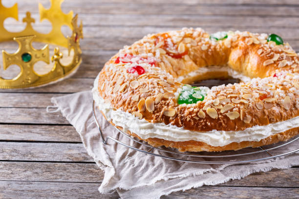 istock Traditional Spanish Epiphany cake, Roscon de Reyes with festive decorations 1340731099