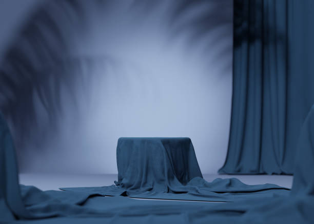 istock 3D background, podium display  on blue backdrop with curtain and palm shadow. Product promotion Beauty cosmetic pedestal. Studio Minimal, cloth showcase 3D render. 1340731103