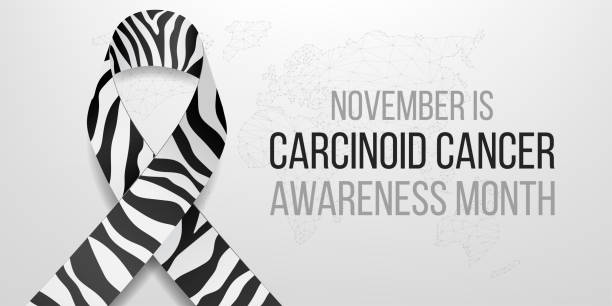 Carcinoid cancer awareness month concept. Banner template with zebra ribbon awareness and text. Vector illustration. Carcinoid cancer awareness month concept. Banner template with zebra ribbon awareness and text. Vector illustration. beast cancer awareness month stock illustrations
