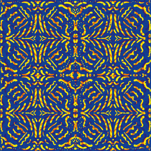 illustrazioni stock, clip art, cartoni animati e icone di tendenza di brillante sfondo vettoriale geometrico in stile moresco senza soluzione di continuità. piastrelle pittoriche effetto mosaico marocchino mescolate blu giallo arancio sfondo. piastrella arabesca astratta ripetizione ornamentale per imballaggio - gradient backgrounds painterly effect abstract