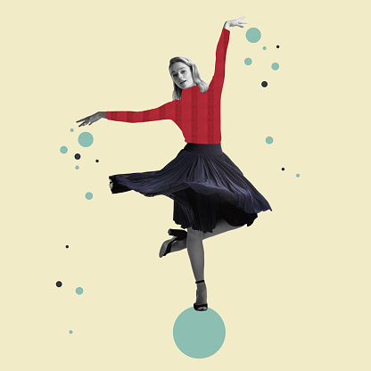 Creativity and motion. Young female dancer in colored retro style clothes over yellow pastel background. Blue circles. Concept of vintage fashion, imagination, creativity, art.