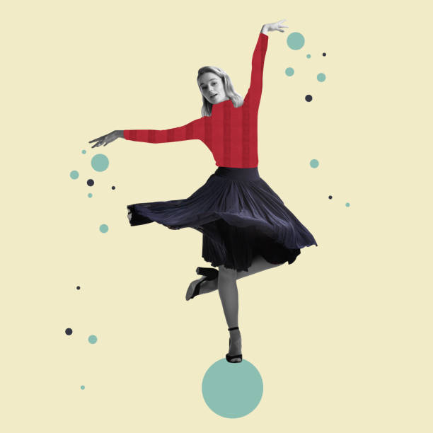 creative artwork. young female dancer in colored retro style clothes stands on painted blue ball - round bale imagens e fotografias de stock