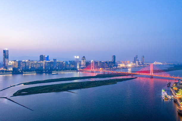 istock Night view of Chinese cities, river skyline 1340733603