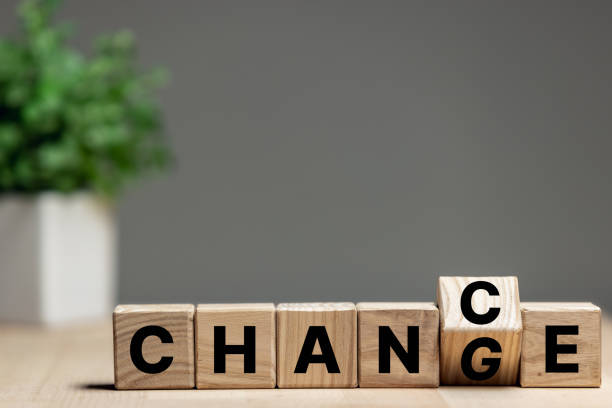 istock Wooden cubes with letters on the table transform wording change to chance. Copyspace for ad. 1340734066