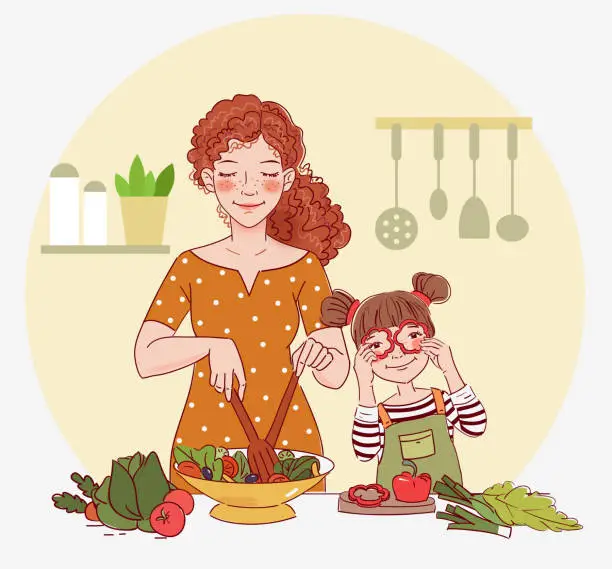 Vector illustration of Mother with her little daughter preparing food indoors in kitchen. Happy family having fun