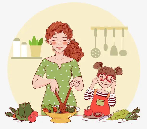 Vector illustration of Mother with her little daughter preparing food indoors in kitchen. Happy family having fun