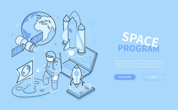 Space program - line design style isometric web banner vector art illustration