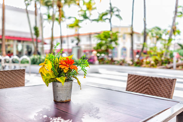 Miami Beach at South Beach city with closeup of outdoor cafe restaurant food table and flowers in vase and background of Lincoln Road street Miami Beach at South Beach city with closeup of outdoor cafe restaurant food table and flowers in vase and background of Lincoln Road street florida food stock pictures, royalty-free photos & images