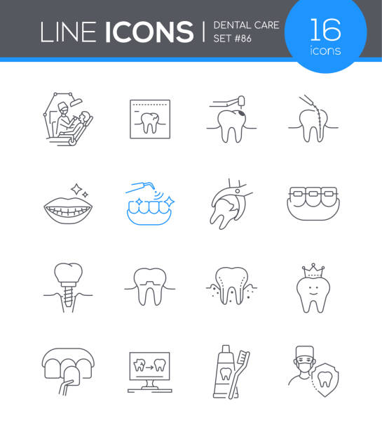 Dental care - modern line design style icon set Dental care - modern line design style icon set. Oral cavity proper care compilation. Beautiful smile, braces, caries, checking tooth condition, sore gums, inflammation, dental prosthetics dentists office stock illustrations