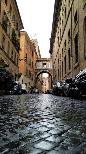 駐車数台の車でローマの濡れた通り - puddle rome reflection street ストックフォトと画像