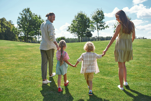 Back view of young parents holding hands together with their little kids, boy and girl and walking on green grass field in the park on a summer day. Childhood, parenting, happiness concept