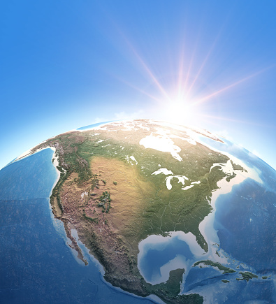 Sun shining over Planet Earth. Physical map of North America, USA, Canada, Alaska ans Greenland. 3D illustration (Blender software), elements of this image furnished by NASA (https://eoimages.gsfc.nasa.gov/images/imagerecords/147000/147190/eo_base_2020_clean_3600x1800.png)