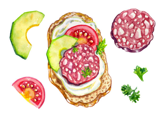 Sausage, avocado, tomato and parsley sandwich Sausage, avocado, tomato and parsley sandwich, culinary theme watercolor illustration, cover, menu, poster and other designs. subway sandwich stock illustrations