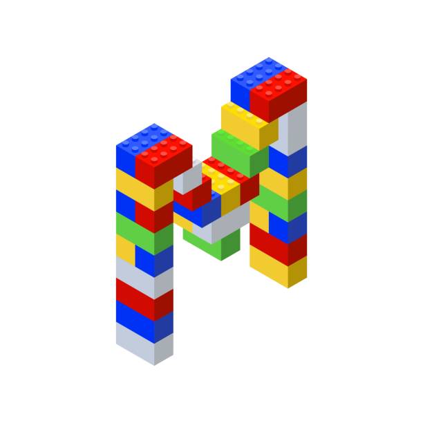 ilustrações de stock, clip art, desenhos animados e ícones de isometric font made from color plastic blocks. the childrens designer. letter m. vector illustration - letter m alphabet three dimensional shape plastic