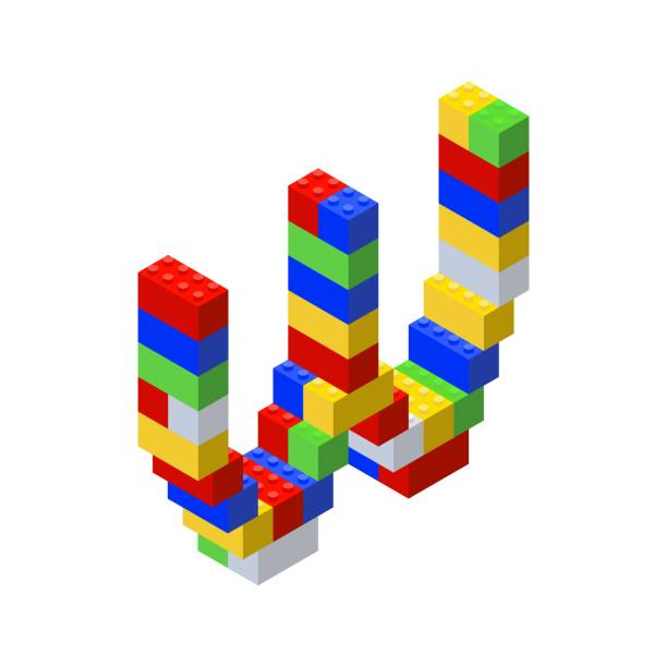 istock Isometric font made from color plastic blocks. The childrens designer. Letter W. Vector illustration 1340743522