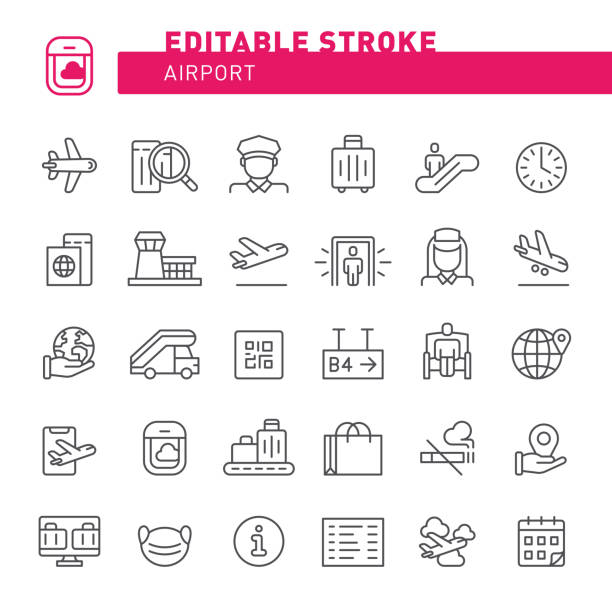 Airport Icons Airport, airplane, airport departure area, icon, icon set, flight, aircraft, editable stroke, outline, travel duty free stock illustrations