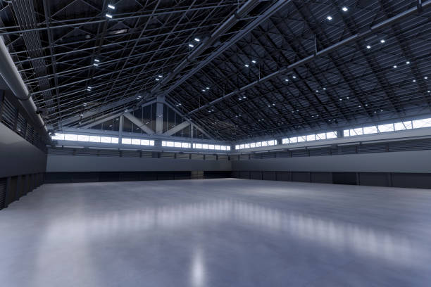 istock Empty hall exhibition centre.The backdrop for exhibition stands, booth,market,trade show.Conversation for activity,meeting.Arena for entertainment,event,sports.Indoor  for Factory,warehouse.3d render. 1340747121