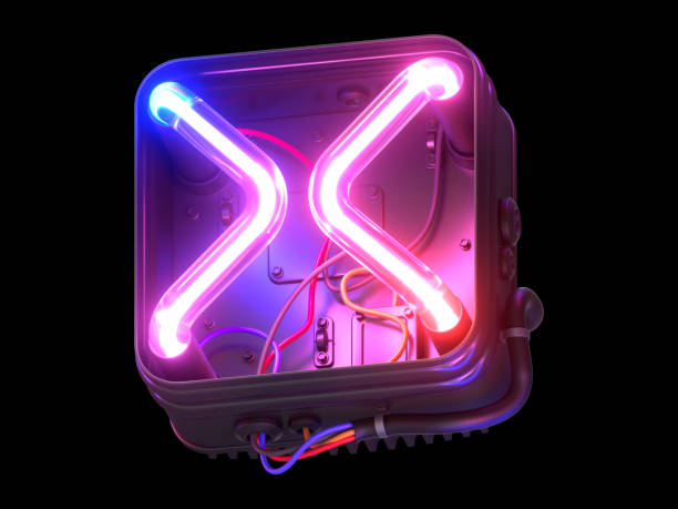 istock Ultraviolet neon font in metal case. 1340747230