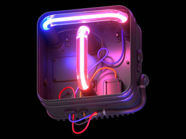 istock Ultraviolet neon font in metal case. 1340747248