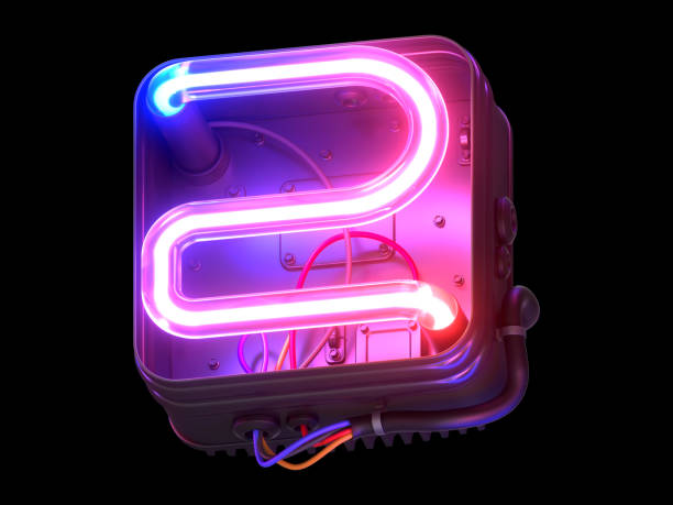 istock Ultraviolet neon font in metal case. 1340747316