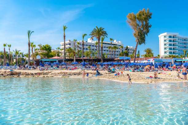 Ayia Napa, Cyprus - April 03, 2018: Famous Nissi beach with Hotels and Restaurants
