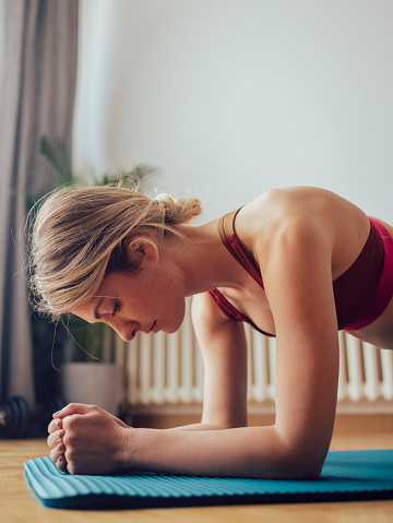 Close up of fit woman working on abdominal muscles doing plank exercise, core workout in living room