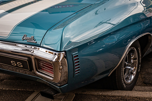 Virginia City, NV - July 30, 2021: Passenger side rear detail of a 1970 Chevrolet Chevelle Malibu SS454 coupe at a local car show.