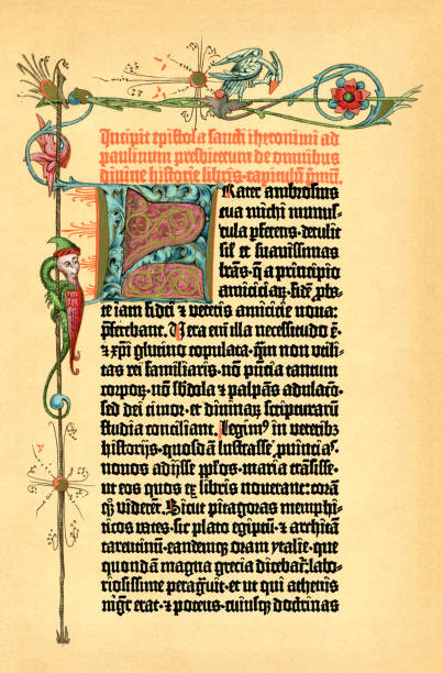 die gutenberg-bibelseite mit leuchtbrief 1898 - medieval illuminated letter stock-grafiken, -clipart, -cartoons und -symbole