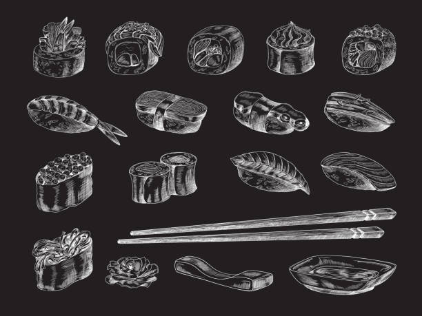 kredowe kawałki sushi na tablicy, szkic grawerowania ilustracji wektorowej izolowane. - sushi sashimi salmon tuna stock illustrations